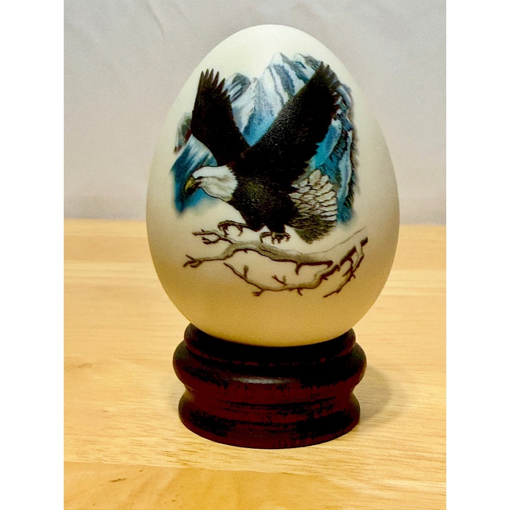 Vintage Eggzakly Bald Eagle Decorative Egg Wooden Stand Wildlife Art Collectible